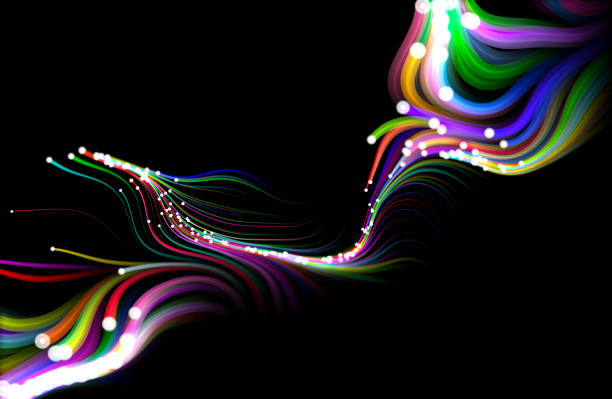 ilustraciones, imágenes clip art, dibujos animados e iconos de stock de partículas que fluyen multicolores sobre fondo negro. - cyberspace abstract backgrounds photon