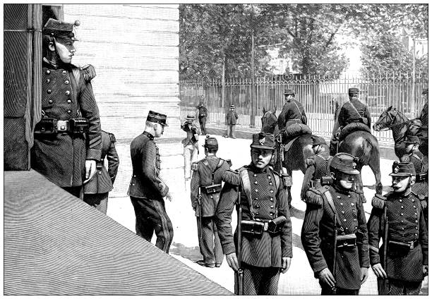 античная иллюстрация: дело альфреда дрейфуса, ренн - police officer security staff honor guard stock illustrations