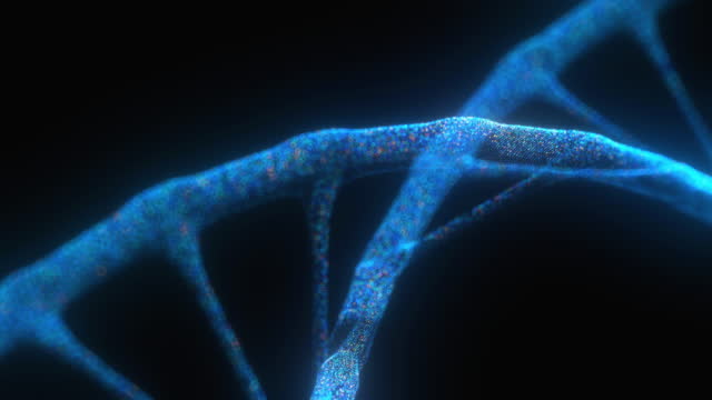 Abstract technological representation a digital plexus DNA molecule in dark blue background.
