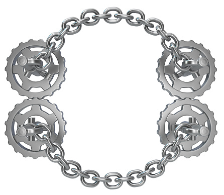 Chain gear pairs forming frame abstract grey metal 3d illustration, isolated, horizontal, over white