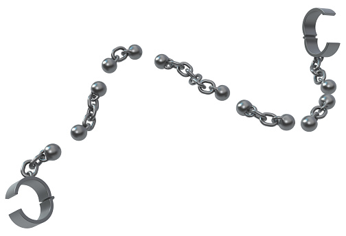 Shackles chain dotted line grey metal 3d illustration, isolated, horizontal, over white