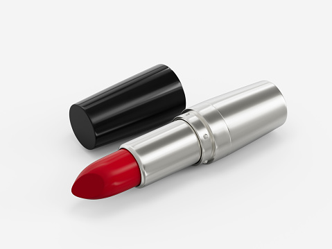 Shiny red lipstick isolated on clean white background with soft shadow, black and silver casing 3d illustration