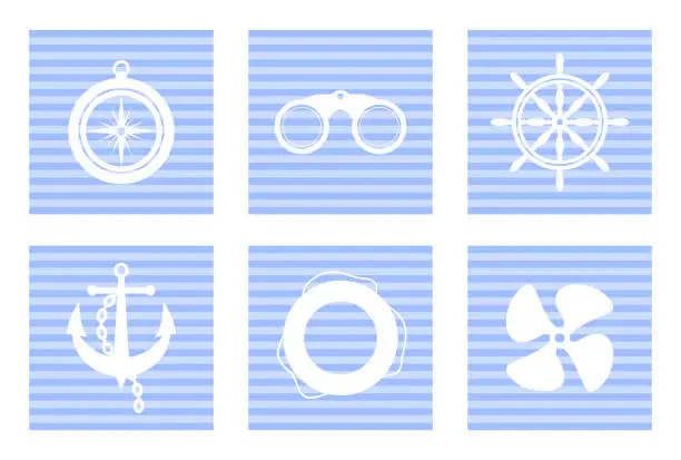 Vector illustration of Blue and white nautical icons. Vector illustration in flat style