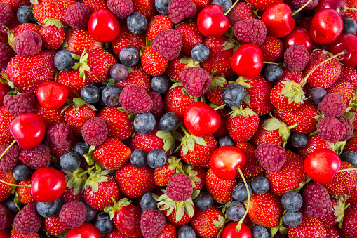 Mix of strawberries, blueberries, blackberries, raspberries and cherries.