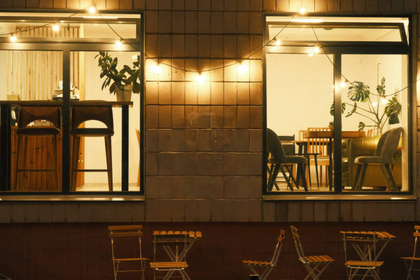 istock View on the cafe from street. Film 1404902121