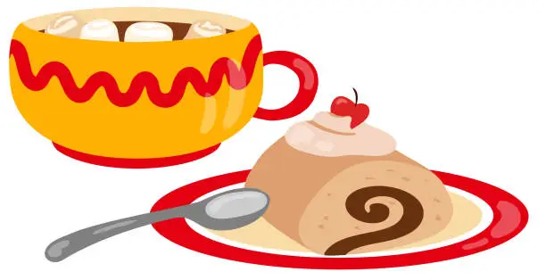 Vector illustration of Cocoa with marshmallows and chocolate roll on a plate. Hand drawn vector illustration. Suitable for website, stickers, gift cards.