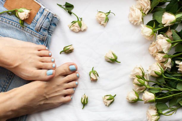 Womans feet, jeans and roses on a white background. Blue nail polish pedicure. stock photo