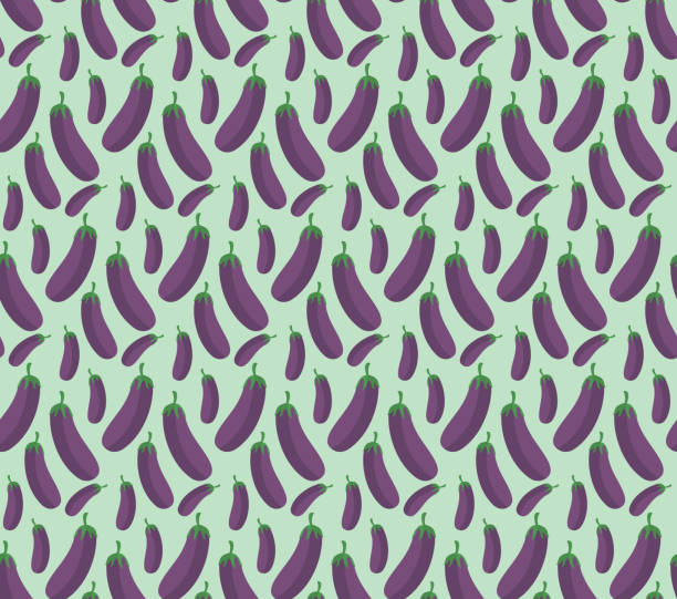 青い背景のフラットベクター上のシームレスなパターンナス - eggplant food purple backgrounds点のイラスト素材／クリップアート素材／マンガ素材／アイコン素材