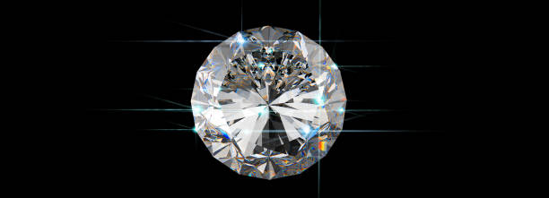 istock 3D rendering illustration.Round cut diamond on black dark glossy background, rear light, shadow, caustics rays. 1404909134