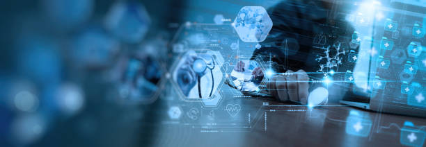 istock Medicine doctor using modern Vr computer diagnose virtual electronic medical record of patient on interface.Digital healthcare and network on modern virtual screen, 3d DNA molecule technology and futuristic concept. 1404909139