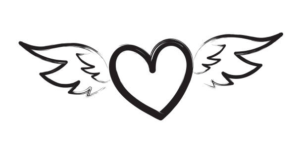 Hand drawn black heart with wings Hand drawn black heart with wings on white background winged heart stock illustrations