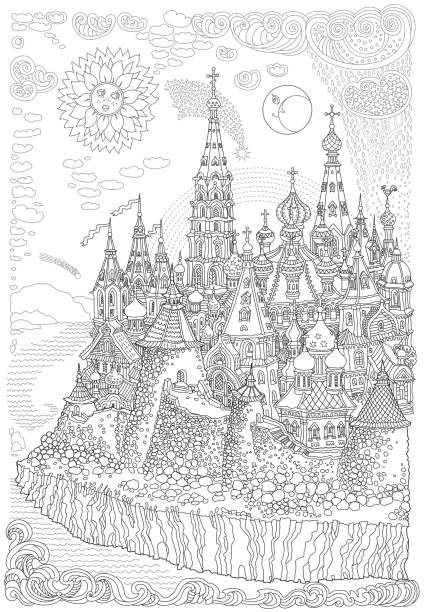 illustrazioni stock, clip art, cartoni animati e icone di tendenza di fiaba del fumetto vettoriale città medievale russa del castello. disegno di libro da colorare per adulti e bambini - surrounding wall sky river dome