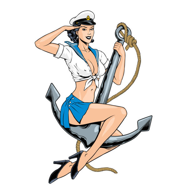 Pin-up attractive captain girl sitting on an anchor, sailor woman. Retro style poster, sign or tattoo design. Vector illustration. Pin-up attractive captain girl sitting on an anchor, sailor woman. Retro style poster, sign t-shirt or tattoo design. Vector illustration. pin up girl stock illustrations