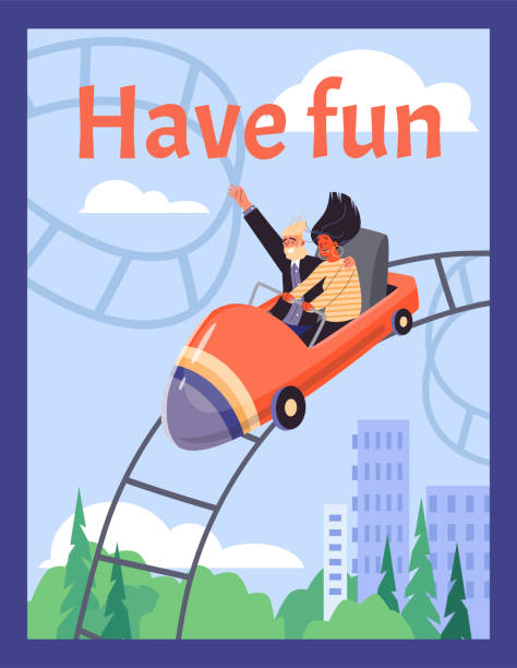 遊園地でジェットコースターに乗っている人、幸せな男性と怖い女性、ポスターテンプレートフラットベクターイラスト。 - rollercoaster carnival amusement park ride screaming点のイラスト素材／クリップアート素材／マンガ素材／アイコン素材