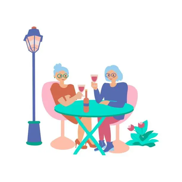 Vector illustration of Two old women sitting at street cafe or restaurant tables talking to each other, drinking wine Flat illustration on white background