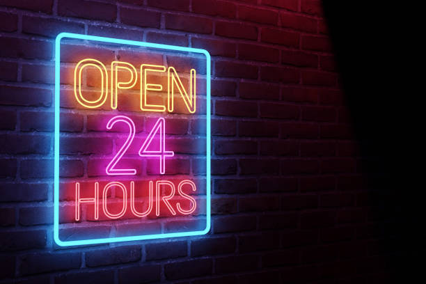 istock Neon open 24 hours sign on brick wall background, 3D illustration 1404912471