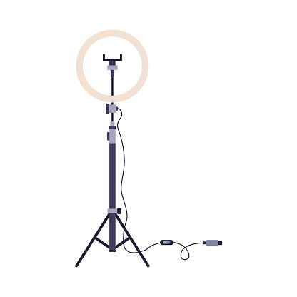 Blogger arc led lamp for game streaming or blogging, flat vector illustration isolated on white background. Gamer or streamer light equipment, device for video record.