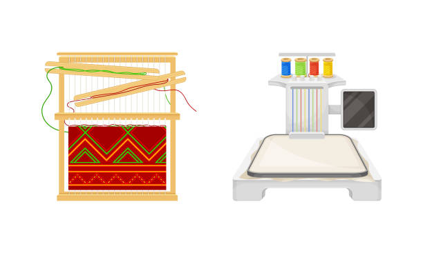 zestaw ręcznie robionego sprzętu rzemieślniczego i akcesoriów. tkanie dywanu na ręcznej ilustracji wektorowej - handloom stock illustrations