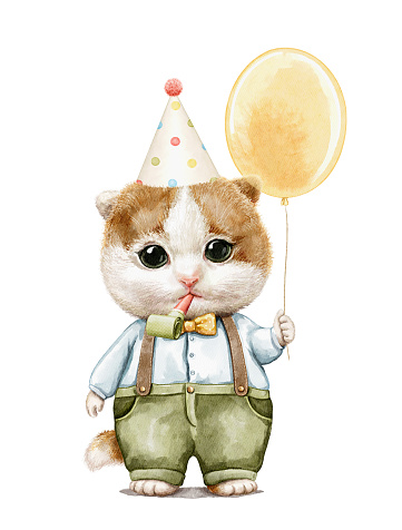 Watercolor vintage boy kitten in clothes pants and shirt holding birthday yellow balloon isolated on white background. Hand drawn illustration sketch