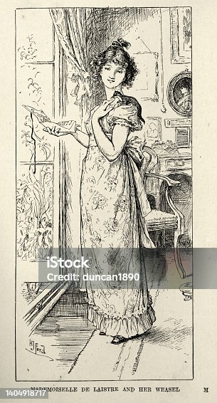 istock Young woman, Mademoiselle de Laistre and her pet weasel, Victorian animal stories 19th Century 1404918717
