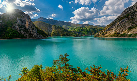 Scenic panorama view on lake Castillon in Provance, France. Popular destination for summer vacation and travel.