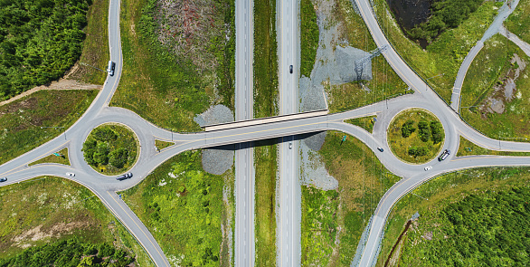 Aerial drone view of highway exit roundabouts/traffic circles.