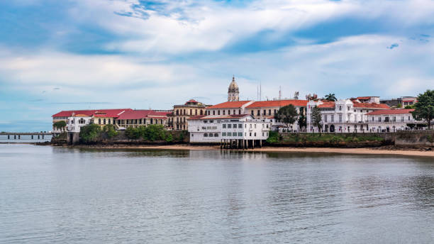 Panama City, Casco Viejo with the Presidential Palace in the foreground. Panama City, Panama - October 29, 2021: View the old part of Panama City called Casco Viejo with the Presidential Palace in the foreground. casco viejo photos stock pictures, royalty-free photos & images