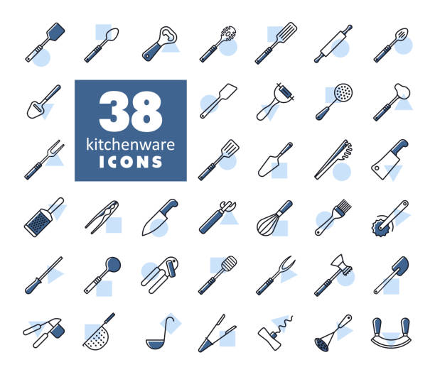 Kitchenware and kitchen appliances vector icon set Kitchenware and kitchen appliances vector isolated icon set. Graph symbol for cooking web site and apps design, logo, app, UI mezzaluna stock illustrations