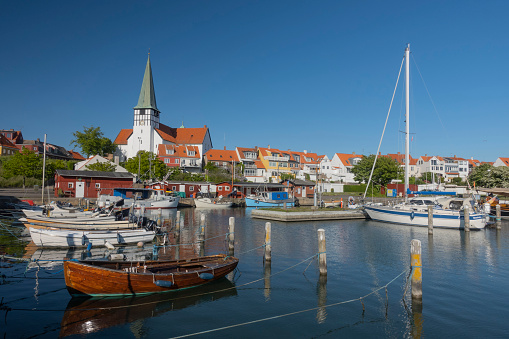 Ronne, Denmark - 3rd June, 2022: View on a harbor in Rønne city. Rønne is the largest town on the Danish island of Bornholm in the Baltic Sea.