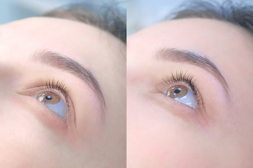 Collage of woman's eye before and after lashes lifting and lamination, closeup view. Result of beauty procedure of eyelashes lift and laminating. Long and voluminous eyelashes.