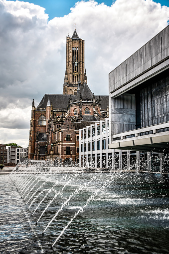 St. Eusebius' Church And Beautiful City Hall Fountain In Arnhem, The Netherlands