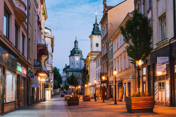 Streets of old town Pilsen at sunset in Czech Republic stock photo