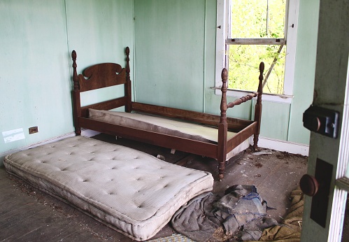 The bedroom of an abandoned home.