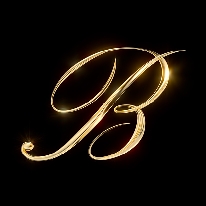 Gold Capital Letter B on black background from a gorgeous set of handwritten 3D alphabet. You can make any words from these letters. The sizes of each letter in pixels correspond to each other.