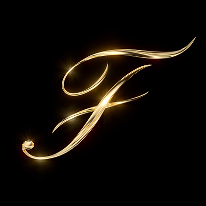 Gold Capital Letter F on black background from a gorgeous set of handwritten 3D alphabet. You can make any words from these letters. The sizes of each letter in pixels correspond to each other.