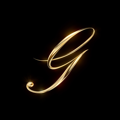 Gold Capital Letter G on black background from a gorgeous set of handwritten 3D alphabet. You can make any words from these letters. The sizes of each letter in pixels correspond to each other.