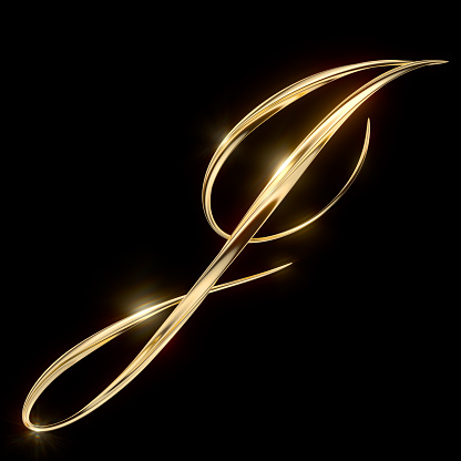 Gold Capital Letter J on black background from a gorgeous set of handwritten 3D alphabet. You can make any words from these letters. The sizes of each letter in pixels correspond to each other.