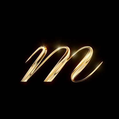 Gold Lowercase Letter m on black background from a gorgeous set of handwritten 3D alphabet. You can make any words from these letters. The sizes of each letter in pixels correspond to each other.