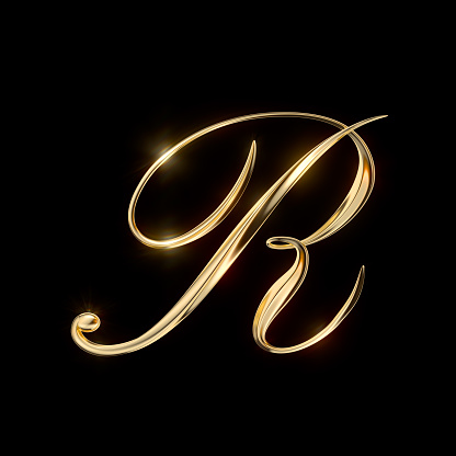 Gold Capital Letter R on black background from a gorgeous set of handwritten 3D alphabet. You can make any words from these letters. The sizes of each letter in pixels correspond to each other.