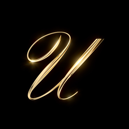 Gold Capital Letter U on black background from a gorgeous set of handwritten 3D alphabet. You can make any words from these letters. The sizes of each letter in pixels correspond to each other.