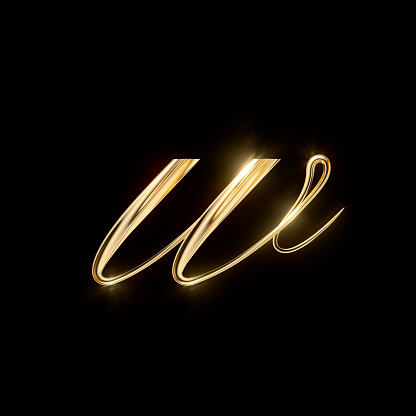 Gold Lowercase Letter w on black background from a gorgeous set of handwritten 3D alphabet. You can make any words from these letters. The sizes of each letter in pixels correspond to each other.