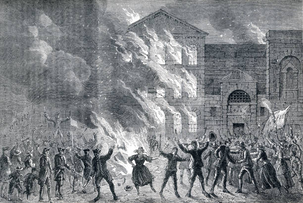 ilustrações de stock, clip art, desenhos animados e ícones de newgate prison on fire in 18th century 1700s in london england - march past