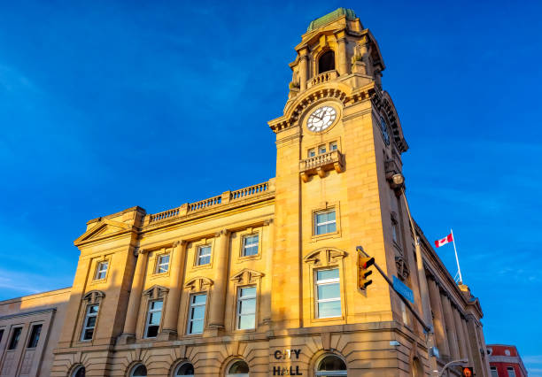 The ornate City Hall building in downtown Brantford, Ontario, Canada at sunset.