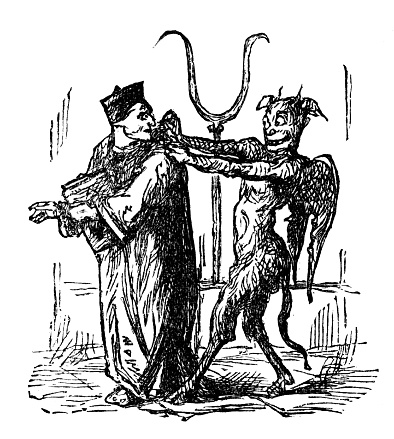 Satan sneaks up behind a priest and grabs his neck. Illustration published 1899. Source: Original edition is from my own archives. Copyright has expired and is in Public Domain.