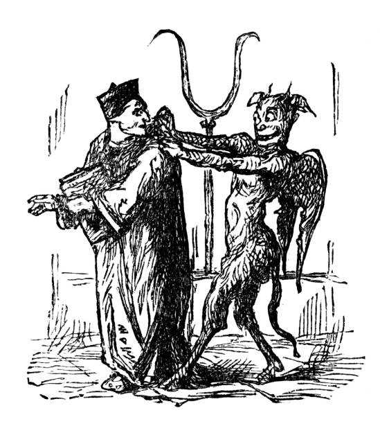 Devil Sneaks up behind Priest Satan sneaks up behind a priest and grabs his neck. Illustration published 1899. Source: Original edition is from my own archives. Copyright has expired and is in Public Domain. antique pitchfork stock illustrations