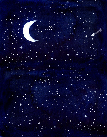 watercolor illustration of a night sky with a moon and shooting star