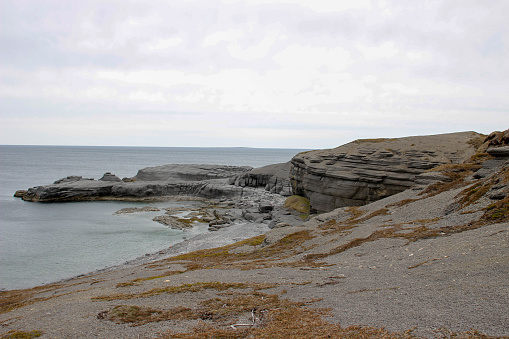 Uitzicht over de pancake rocks en blowholes van Punakaiki met op de achtergrond de blauwe oceaan