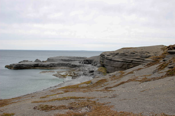 Hiking along the rocky coast of Newfoundland with views of the ocean, Port Au choix stock photo
