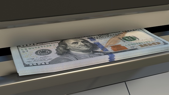 100 US dollar in cash dispenser. Withdrawal of cash from an ATM. Financial transaction in the bank terminal. USD. 3d render.