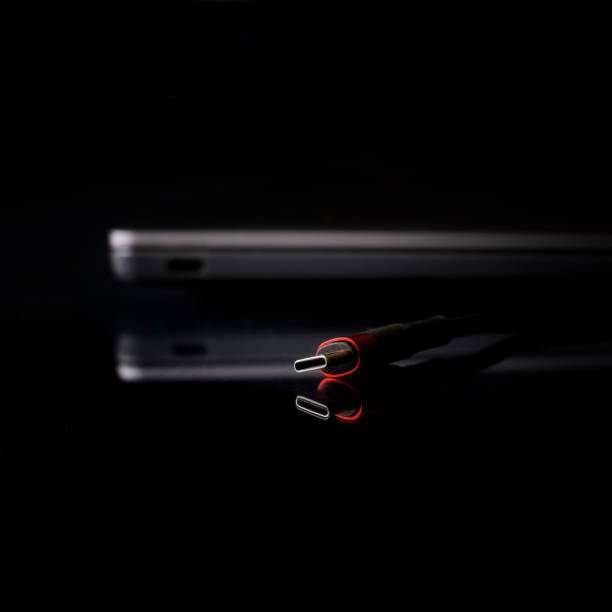 istock Modern black and red usb type-c connector next to a thin laptop or ultrabook. Black background. A modern way to connect, transfer data and charge gadgets. Selective focus 1404944877